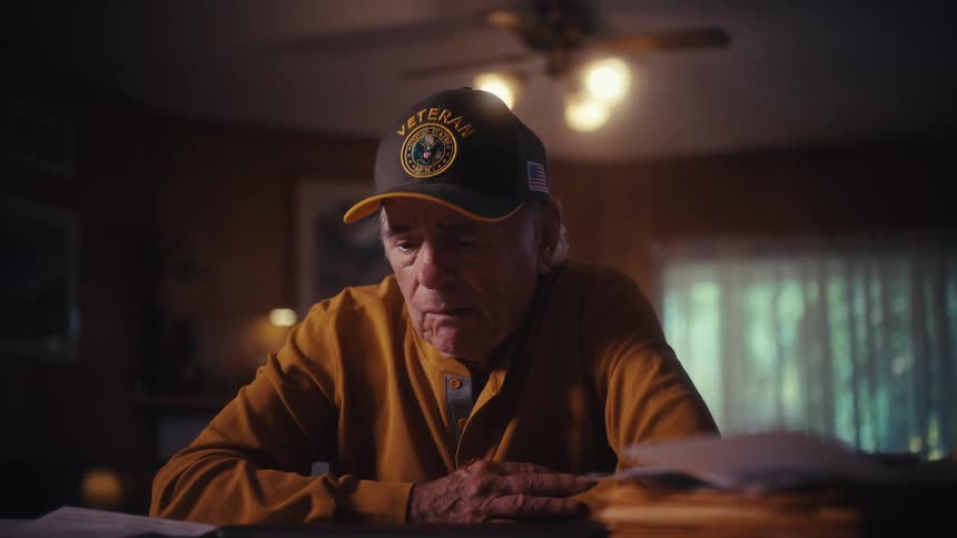 A somber elderly veteran sits at a table in his dimly lit home, looking pensive and sad as he slowly bows his head