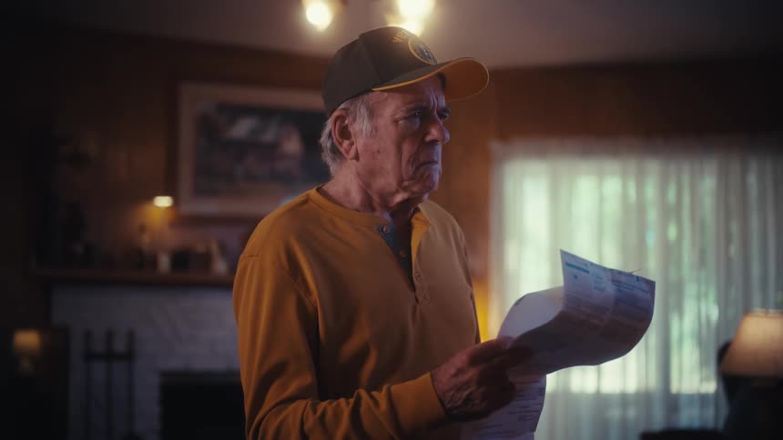 A worried elderly veteran stands in his living room, removing his glasses in disbelief while reading a bill
