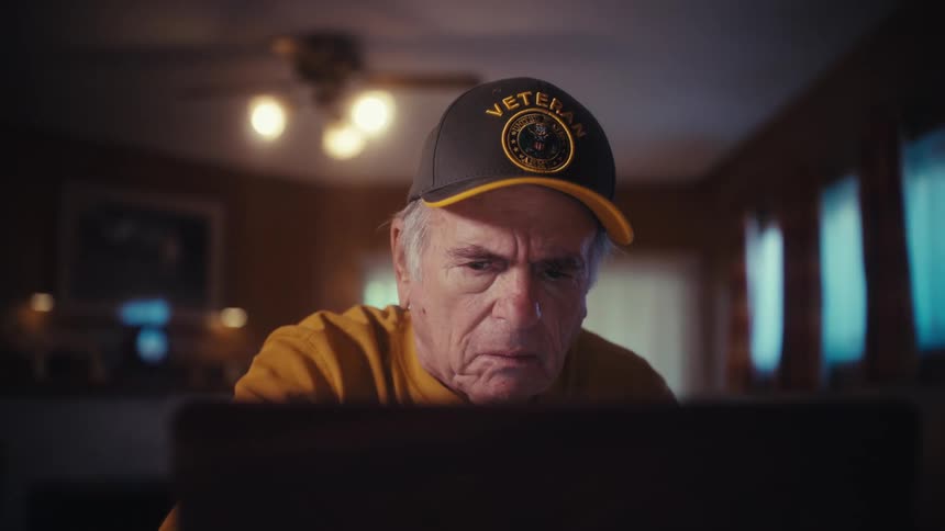 A stressed elderly veteran reviews his finances on a laptop in his dimly lit home, eventually closing it in defeat