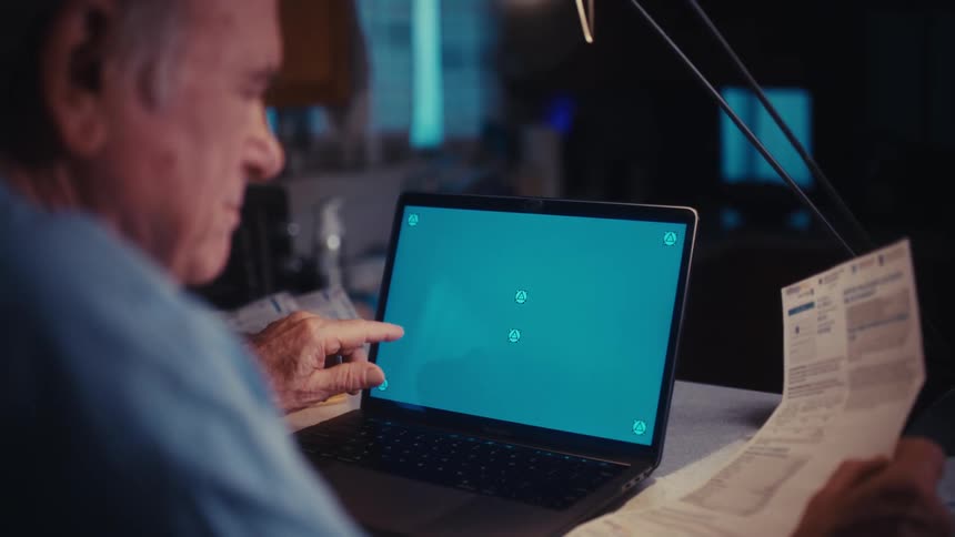 Over the shoulder shot of an elderly man at his desk at night holding a bill while using a green screen laptop