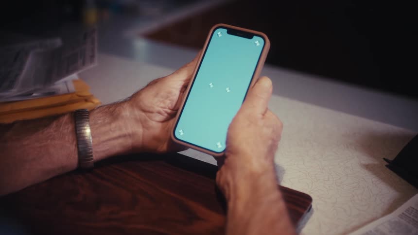 Over-the-shoulder close-up of a senior man holding a smartphone with a green screen while sitting at a desk