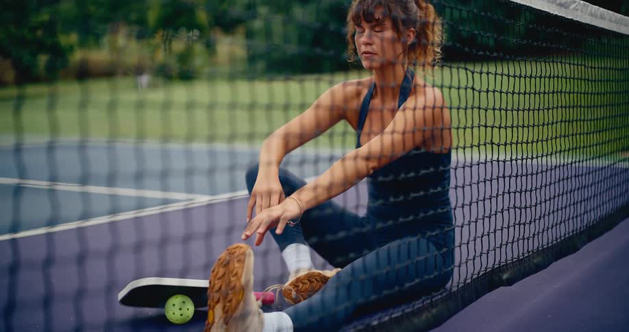 A focused woman in athletic wear stretches her legs while sitting by the net on an outdoor pickleball court