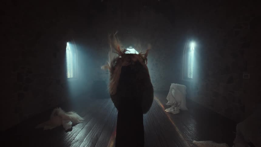 A mysterious pagan figure in a horned headdress stands in a dark, foggy stone chamber illuminated by beams of light from arched windows