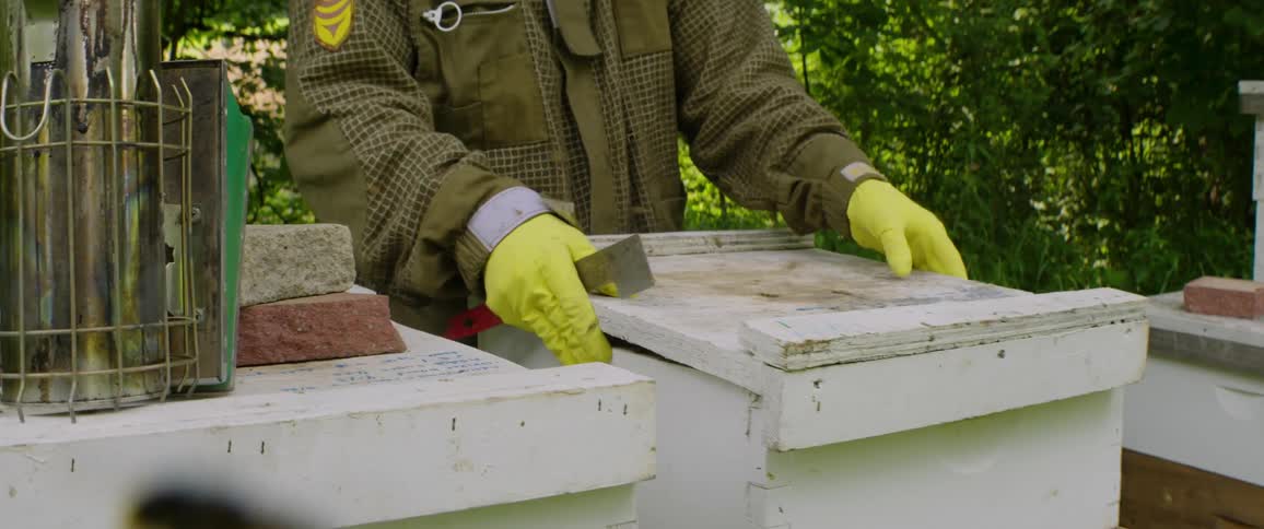 A beekeeper in a protective suit and yellow gloves carefully places the top cover back on a wooden beehive in slow motion