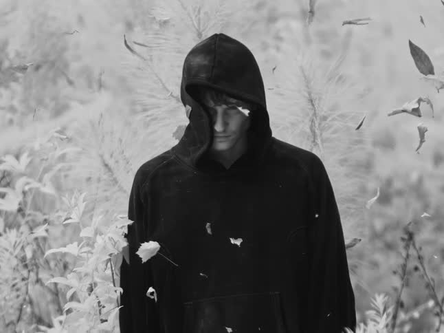 Black and white slow-motion cinemagraph shows a mysterious man in a hoodie surrounded by floating leaves