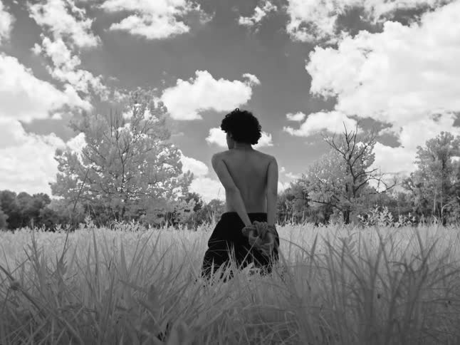 A surreal black and white shot shows a shirtless person from behind, standing in a field of bright white grass under a dramatic cloudy sky