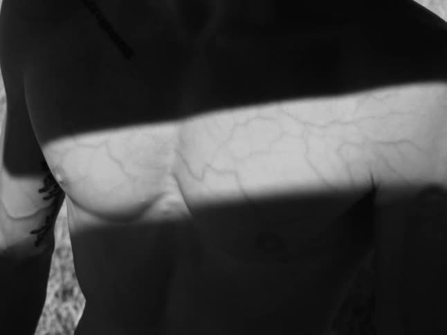 A dramatic black and white close-up of a muscular man's torso with a strip of light revealing veins across his chest