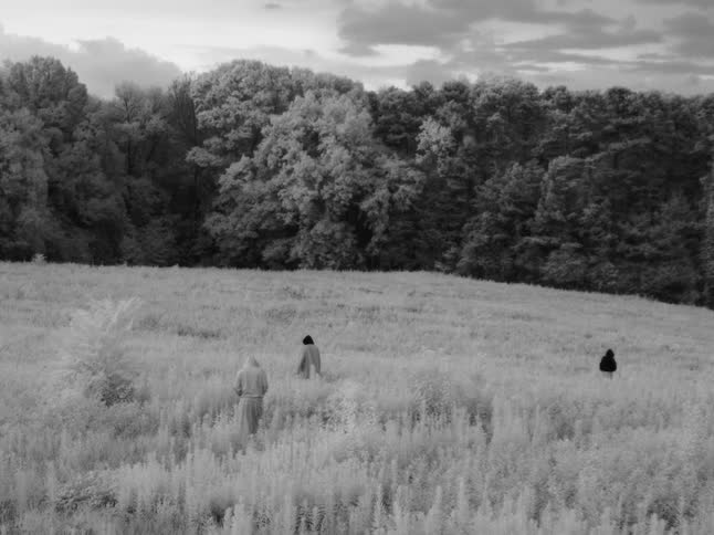 Three mysterious robed figures walk through a surreal, dream-like infrared field in black and white