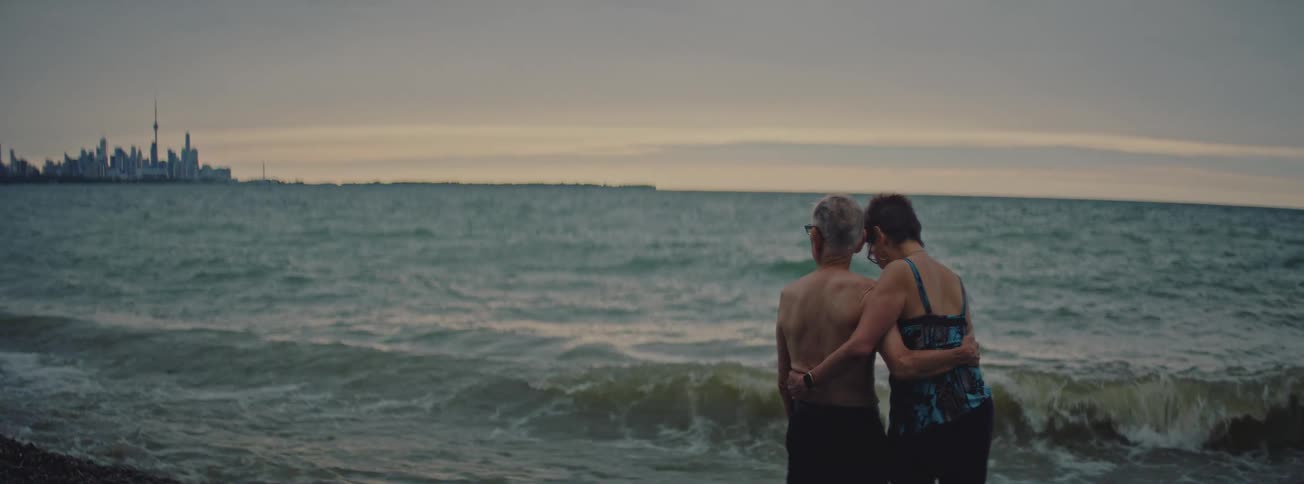 An elderly couple in swimwear lovingly embrace on the shore while watching the ocean waves crash