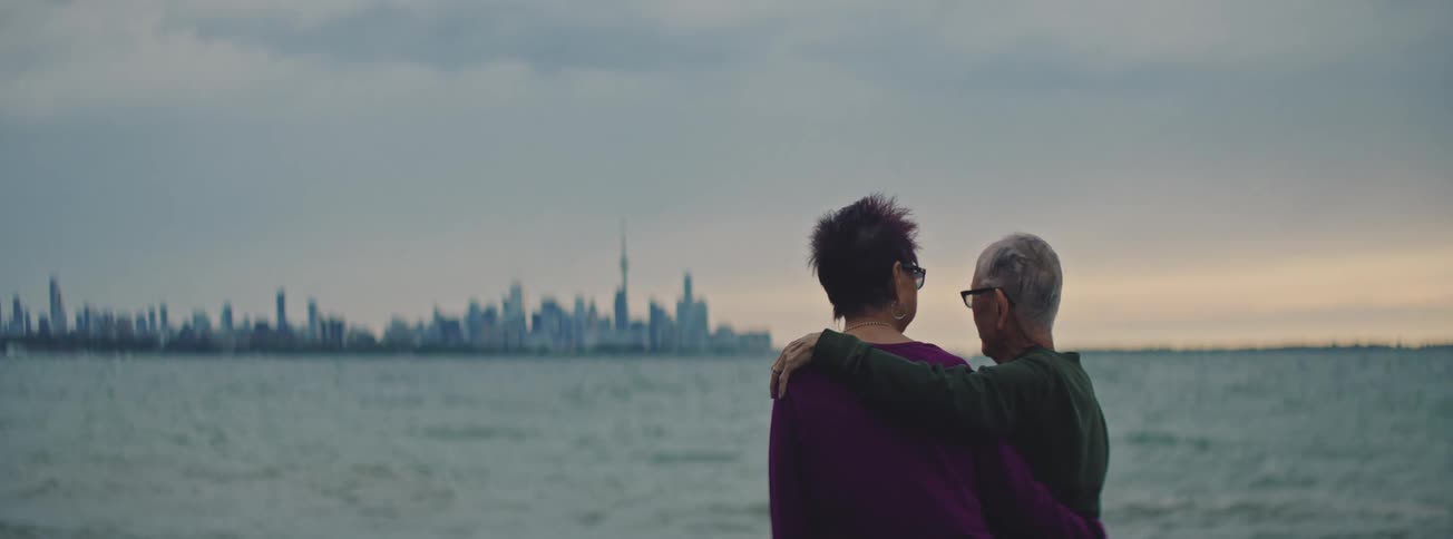 A loving elderly couple stands together from behind, looking out over the water at a distant city skyline on an overcast day