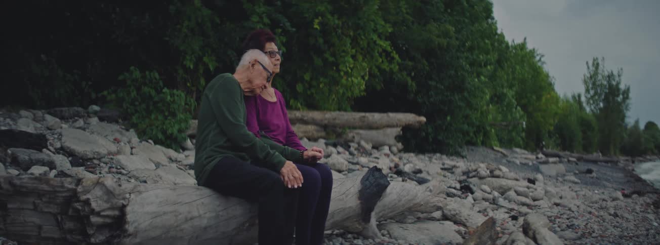 A loving elderly couple enjoys a quiet, peaceful moment together, sitting on a driftwood log on a rocky beach