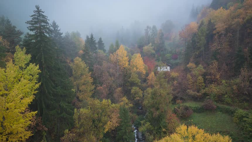 A slow aerial zoom-out reveals a secluded house by a stream in a misty mountain valley vibrant with autumn colors