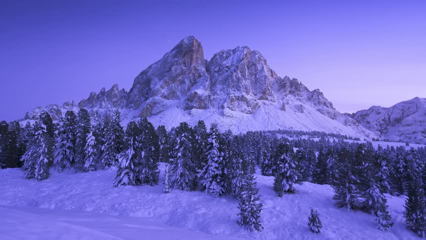 A serene winter landscape shows a snow-covered mountain and pine forest bathed in the purple light of twilight