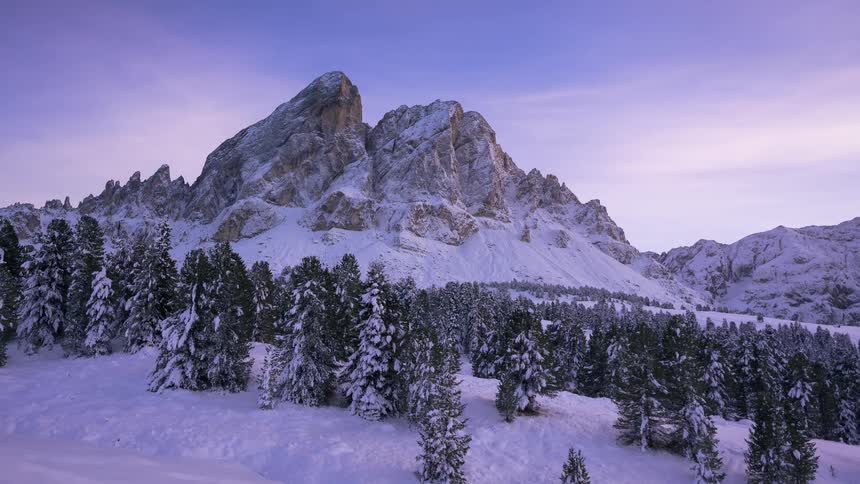 A tranquil winter scene unfolds with a slow pan across a snow-covered pine forest revealing a majestic mountain range under a purple twilight sky