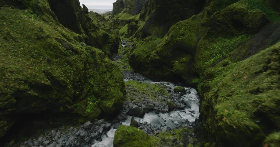 A slow aerial drone flight follows a winding river through a majestic, narrow canyon with vibrant green moss-covered walls in Iceland
