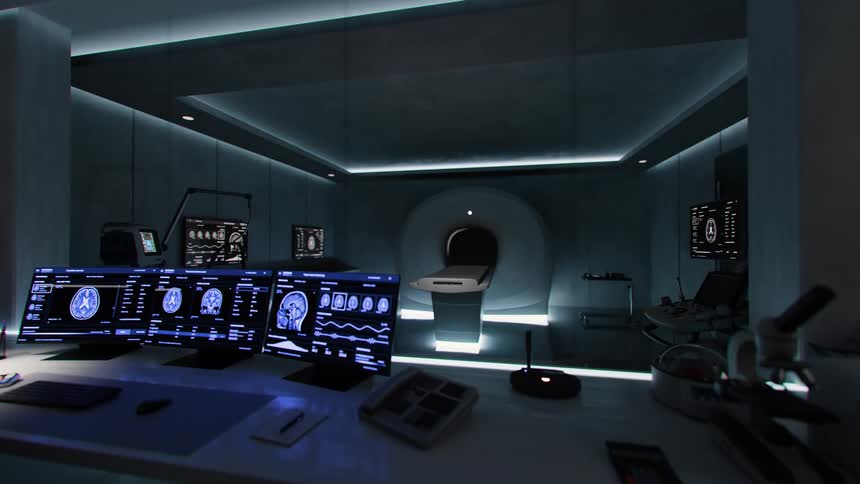 A slow dolly shot reveals a modern, empty medical control room with multiple monitors displaying brain scans and an MRI machine in the background