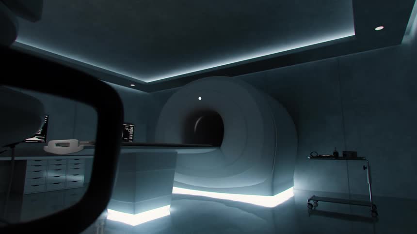 A slow pan through a futuristic and sterile medical room reveals a modern MRI machine and computers displaying brain scans