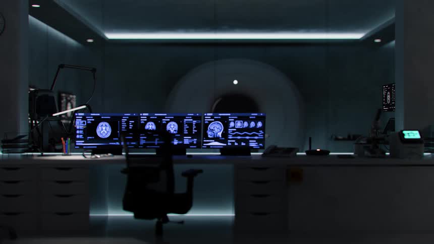 A slow pan reveals an empty, high-tech control room with computer monitors showing brain scans in front of an MRI machine