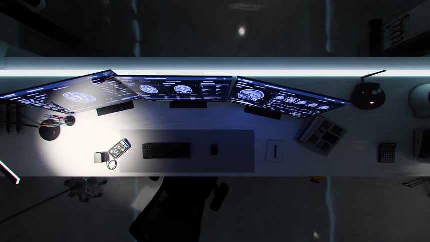 A vertical, top-down slow pan of a high-tech medical research desk with multiple monitors displaying brain scans in a dark, modern lab