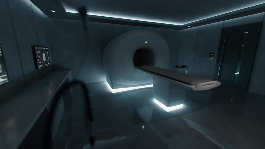Slowly revealing a modern and futuristic MRI scanning machine in a sterile, dimly lit laboratory