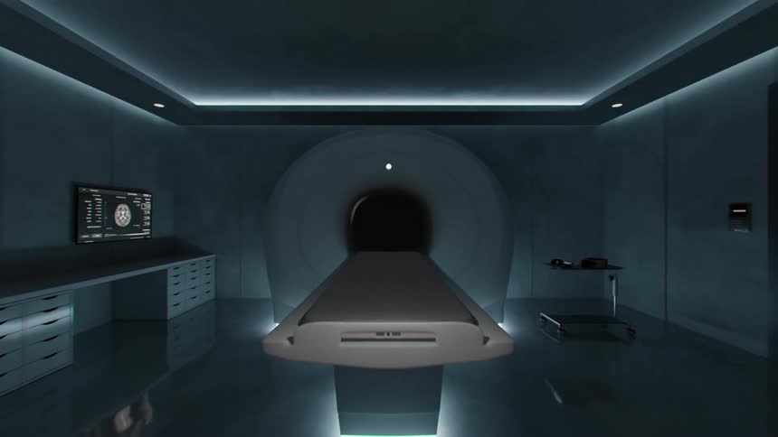 A dynamic pullback shot reveals a futuristic medical laboratory, starting from inside an MRI scanner and ending in the control room filled with brain scan data