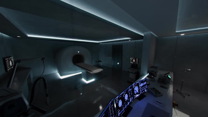 A high-angle dolly shot reveals an empty, modern MRI examination room with a high-tech control station in a futuristic hospital