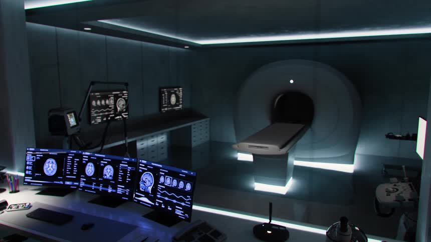 A slow zoom-out of a futuristic, high-tech medical laboratory with an advanced MRI machine and a control room displaying brain scan data on multiple monitors