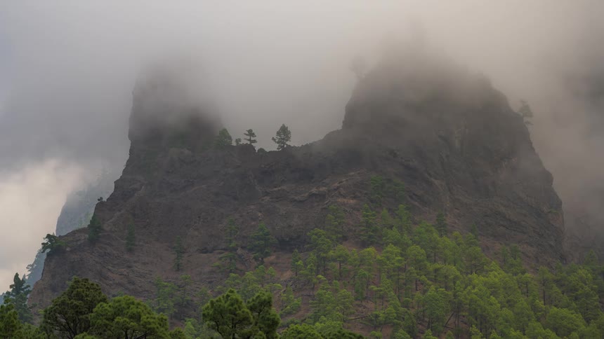 A dramatic time-lapse of thick fog and clouds swirling around a rugged, tree-covered mountain