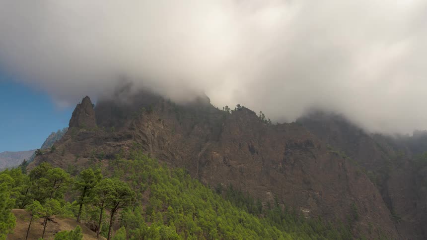 Timelapse of dramatic white clouds rolling over a rugged, pine-covered mountain range