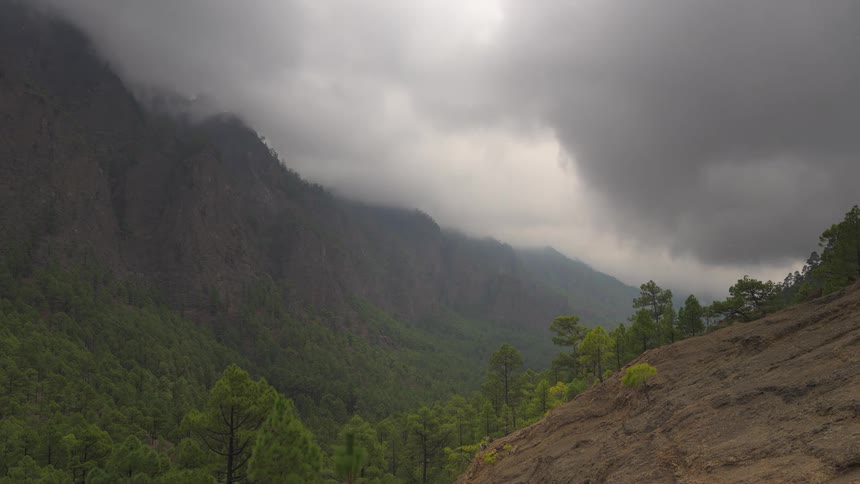 Dark, misty clouds drift over a beautiful green mountain range covered in a pine forest