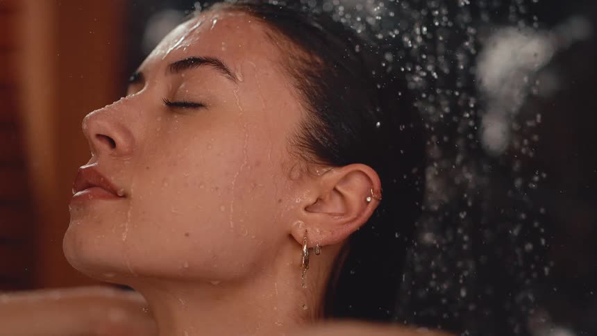A beautiful young woman with her eyes closed washes her hair under a warm shower in slow motion