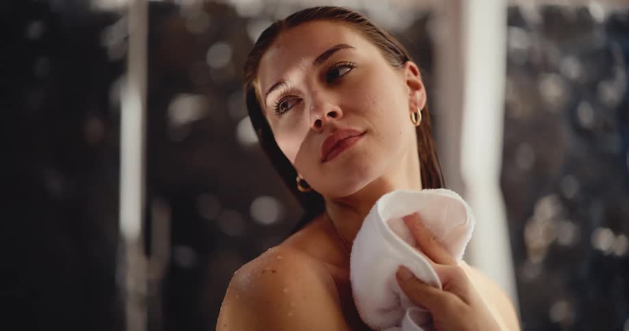 A beautiful young woman with wet hair gently dries her face and neck with a soft white towel in slow motion