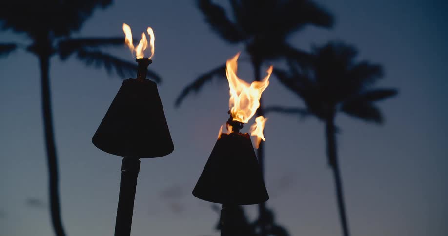 Two tiki torches burn in slow motion against a dusk sky with silhouetted palm trees in the background