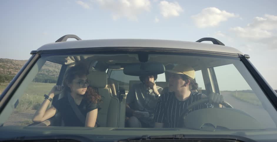 A car full of people talking on the side of the road