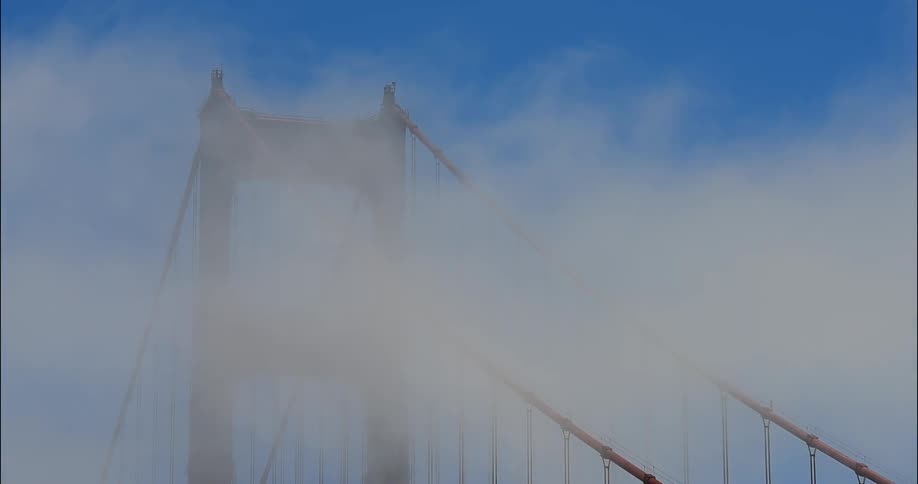 Fog rolls past a tall bridge