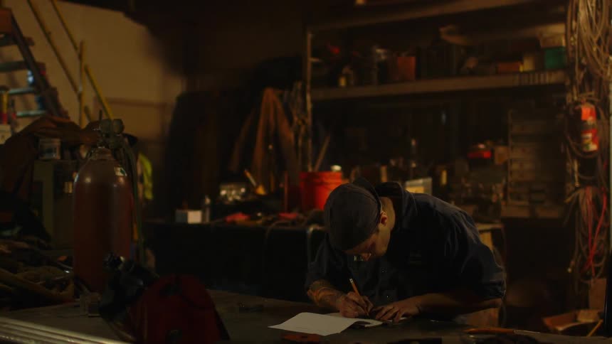 Man writing on a piece of paper in a dimly lit room