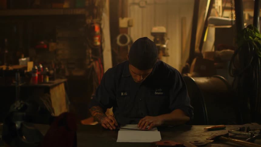 A man is writing in a notebook using a ruler