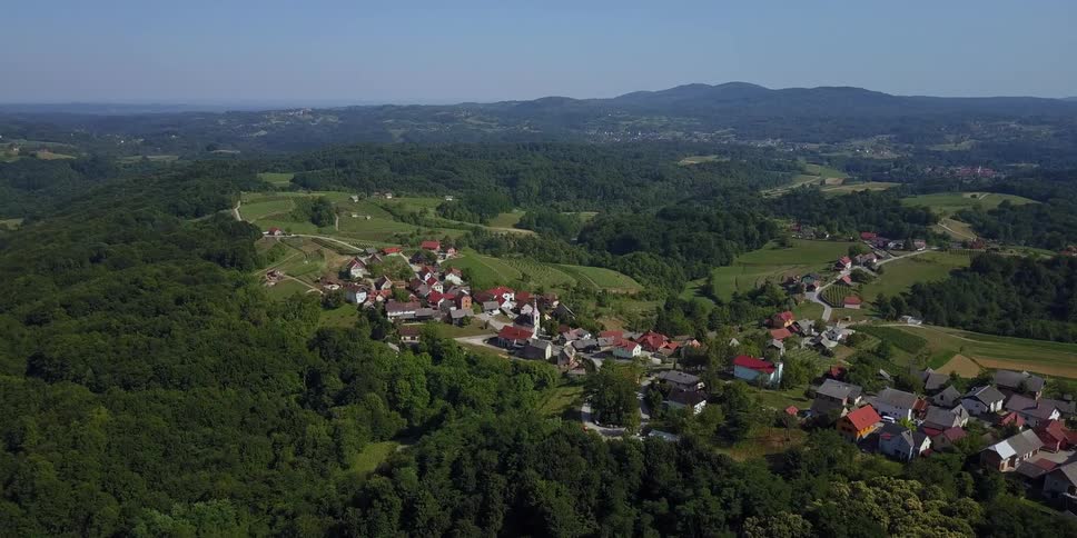 A small community is shown surrounded by trees on a clear day
