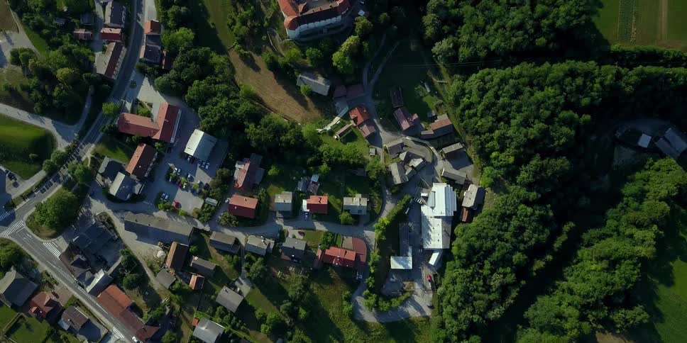 The houses are close together and surrounded by trees
