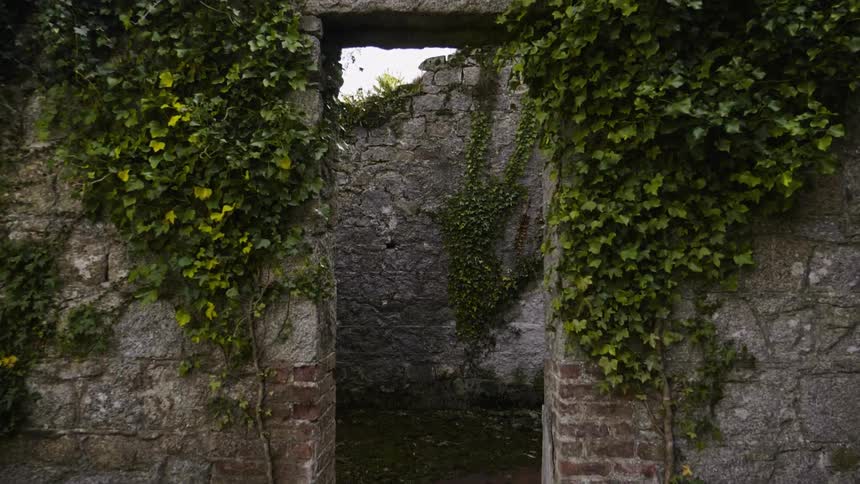 Moving through a doorway of a stone wall