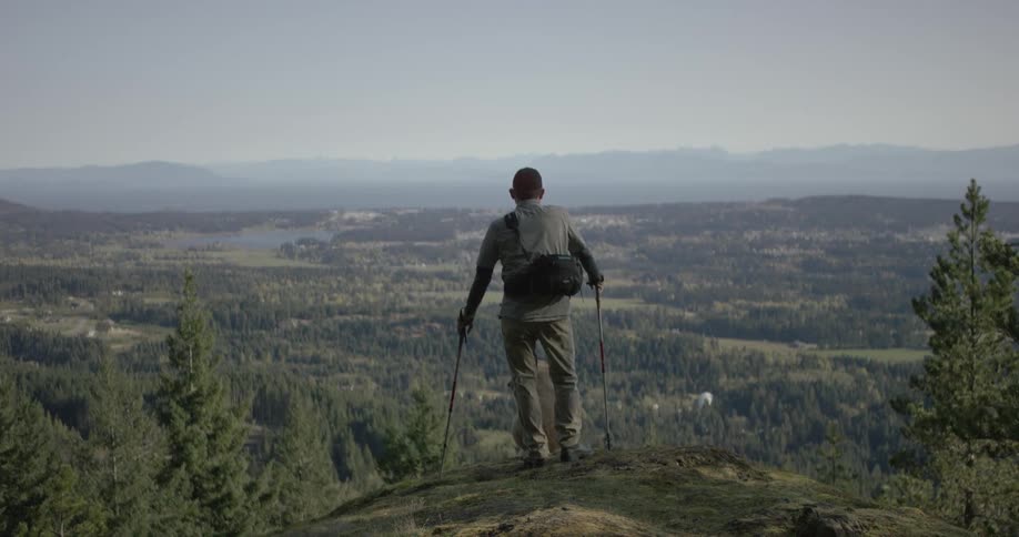 Man standing at the edge of a cliff overlooking a vast expanse of trees