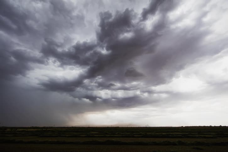 The field is barren with storm clouds forming at dawn