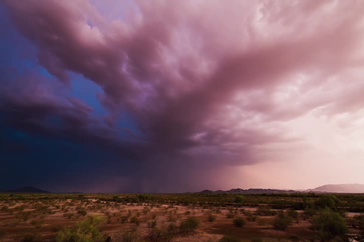 Storm clouds roll over bushy plains as lightning strikes