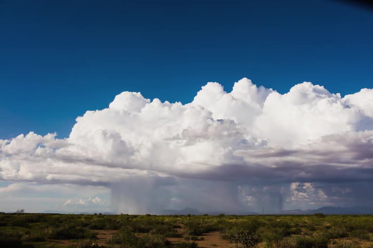 Storm clouds billow and drop rain over a plain