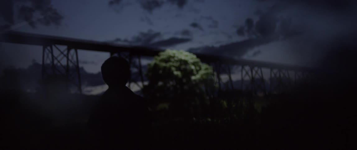 A boy walks outside after sunset