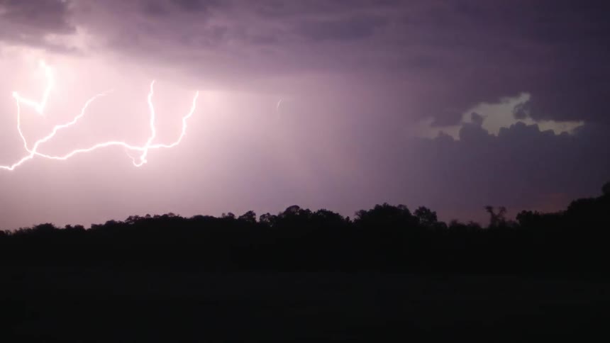 Lightning strikes above a forest at night