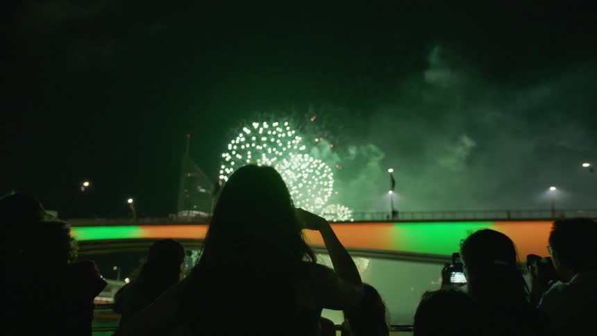 Crowd of people watch fireworks explode over river