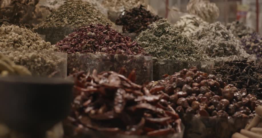 Close up of herbs and spices in a store