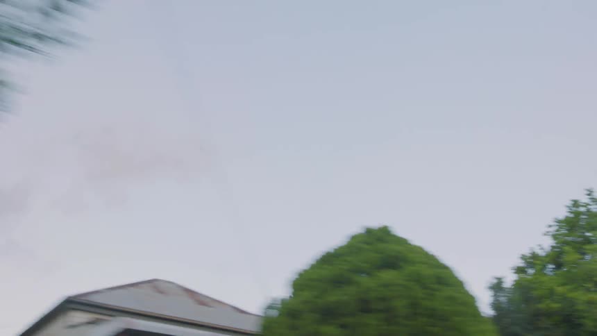 Traveling view of houses and trees