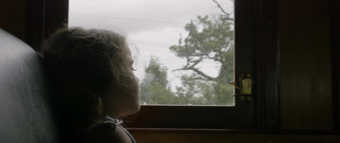 A little girl is watching out of a window on a moving train